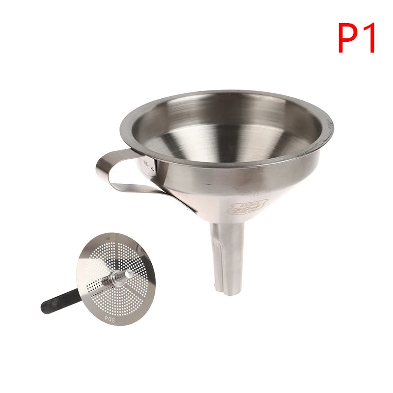 Embudo de acero inoxidable 304 de 10 cm, 12 cm y 14 cm para cocina, dispensador de aceite, vino y líquido con colador extraíble.