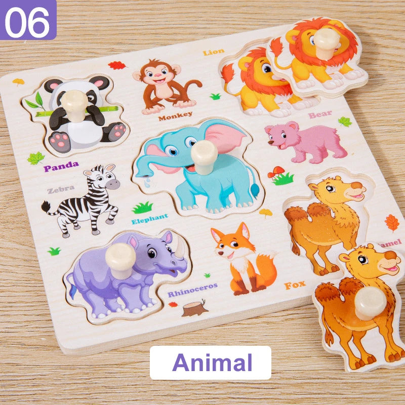 Rompecabezas de madera Montessori, juguetes para niños, dibujos animados de animales, tráfico, tableros de agarre, juguetes educativos de aprendizaje temprano para niños.
