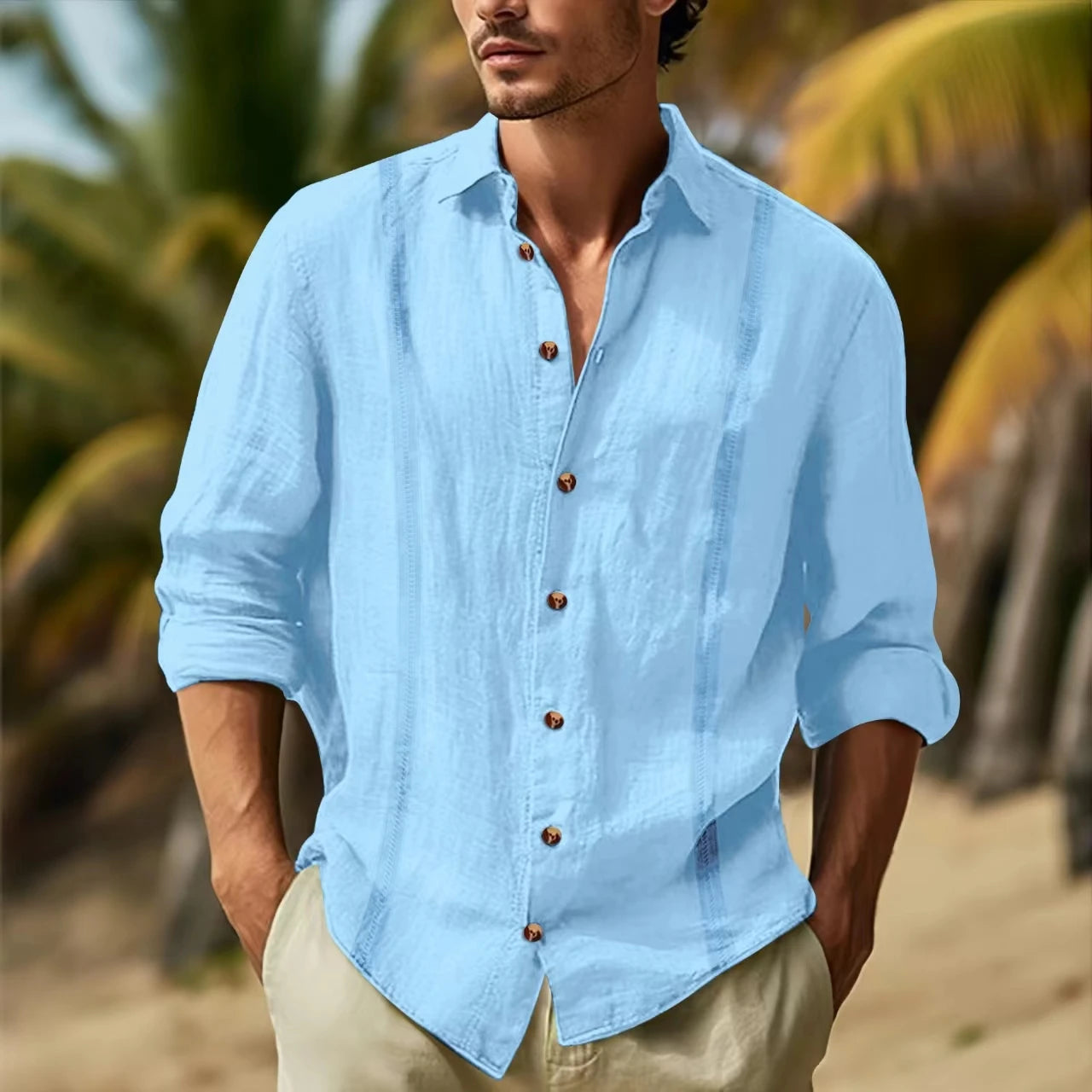 Camisa informal de algodón y cáñamo Cuba Guayabella de color sólido con solapa de manga larga y doble cinta para hombre, primavera y otoño de 2024
