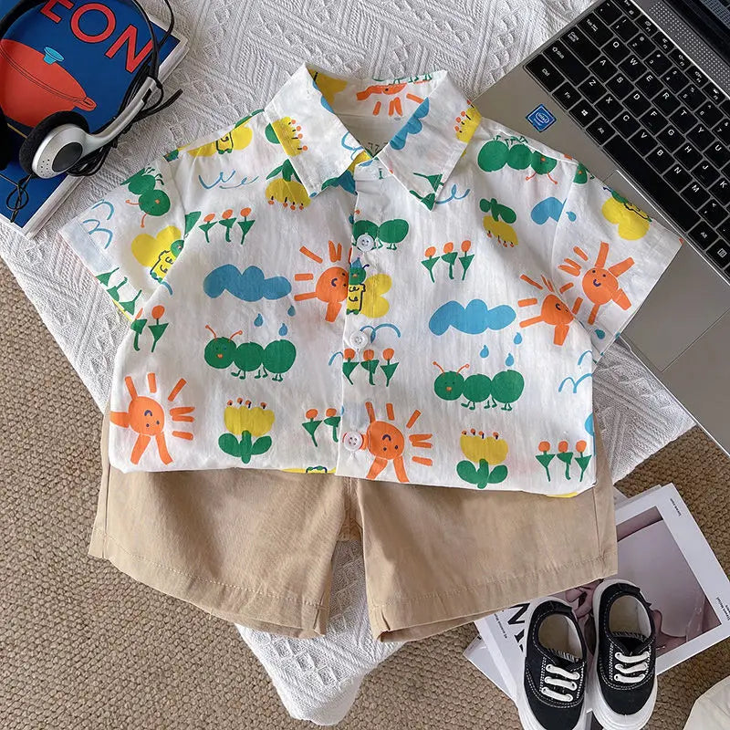 Ropa para niños 2025, nuevo traje de flores de moda para bebé, camisa de manga corta, pantalones cortos, elegante conjunto de dos piezas de pantalones cortos casuales retro.