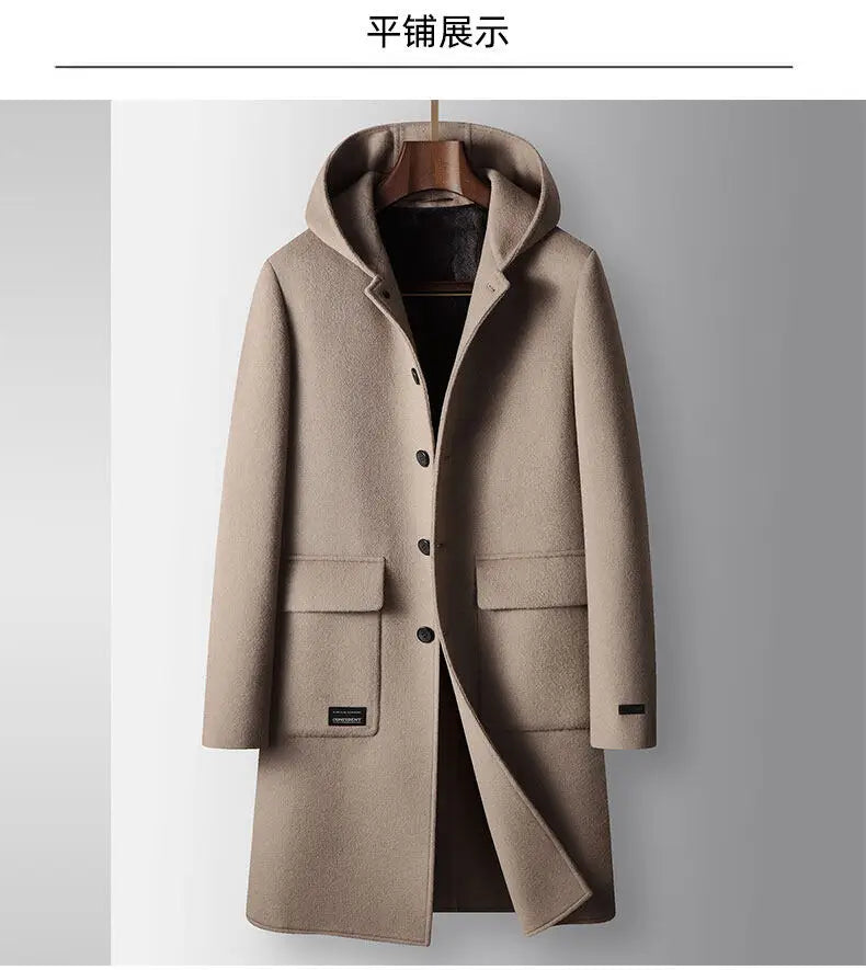2024 Winter New Men's Hoodie Medium Long Woolen Coat Rabbit Plush Thick Warm Casual Coat High end Fabric 100% Pure Wool