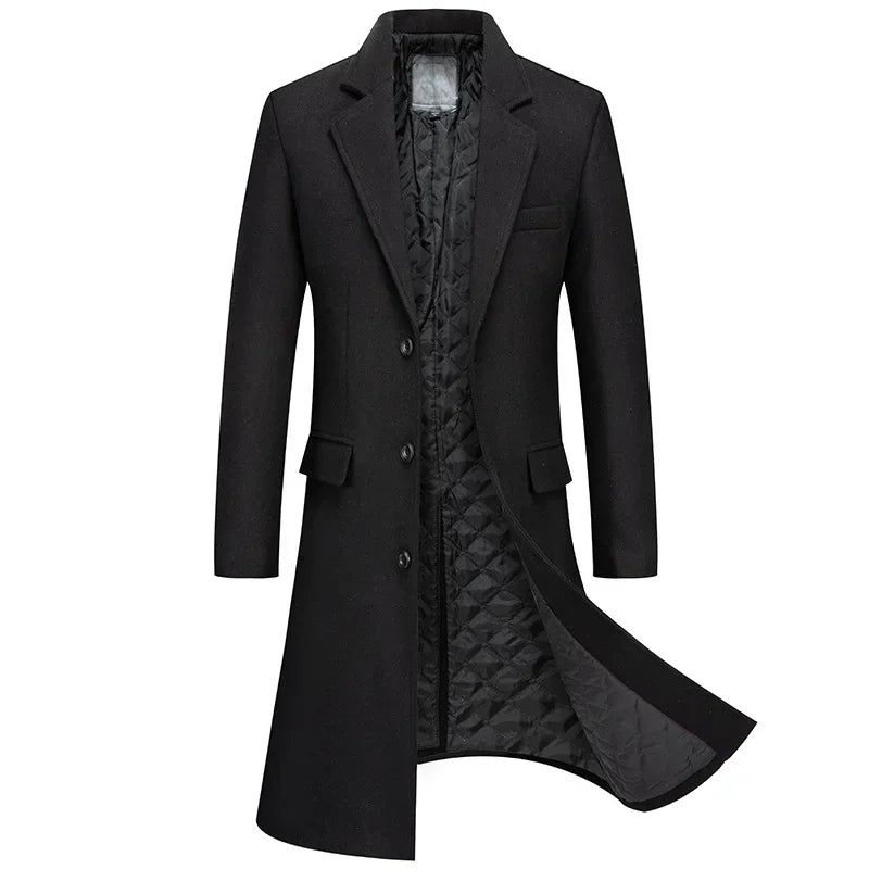Black Men Wool Long Trench Coat Stylish Single Breasted Quilted Lined Wool Blend Pea Coats Men Winter Cashmere Coat Windbreaker