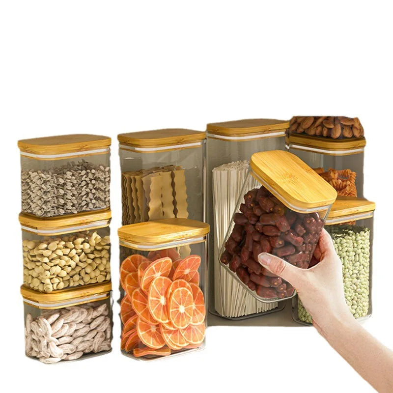 Tarro de plástico cuadrado sellado de 1100 ml para alimentos, con tapa de bambú, para cereales de cocina, transparente, para té y utensilios de cocina.