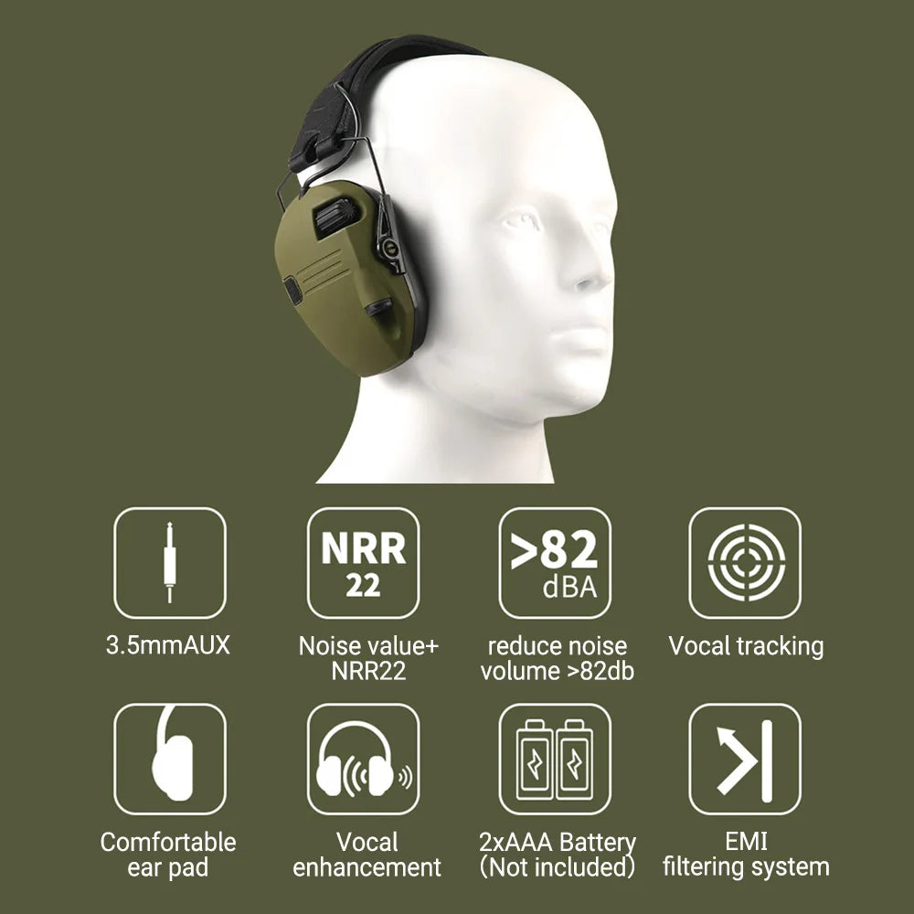 Los protectores auditivos para caza y tiro al aire libre reducen activamente el ruido para proteger la audición y entrenan los auriculares tácticos para fortalecer la voz humana.