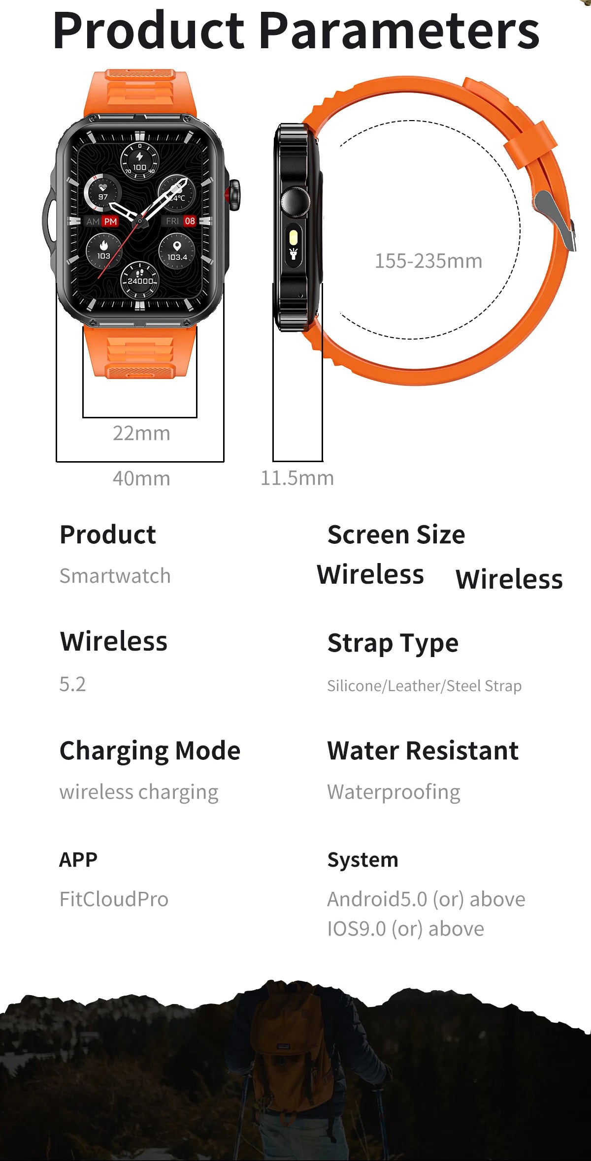 Reloj inteligente de 2,01 pulgadas para hombre y mujer, con linterna LED, control del ritmo cardíaco, para deportes al aire libre y fitness, resistente al agua