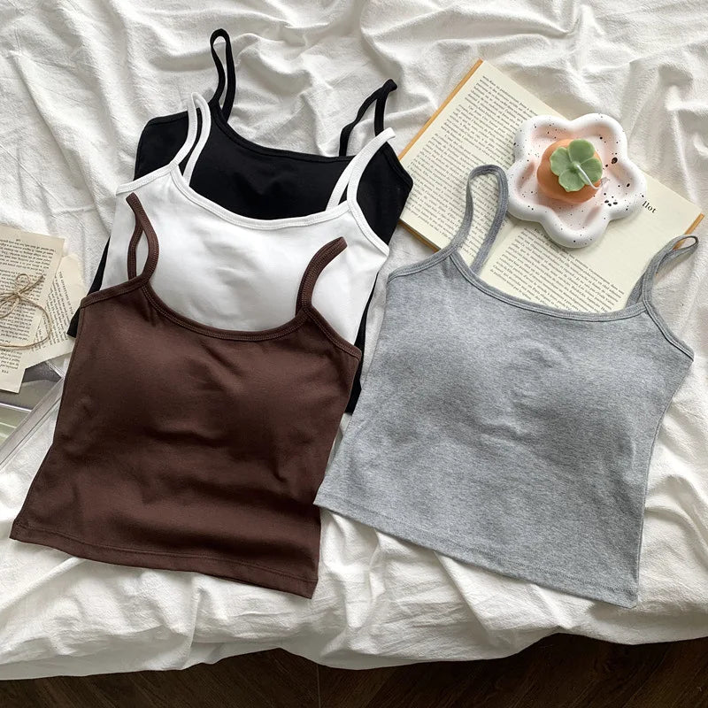 Camisola ajustada sin mangas con tirantes finos de color liso para mujer con almohadilla para el pecho, de algodón, para uso exterior, camisetas cortas de verano para mujer.