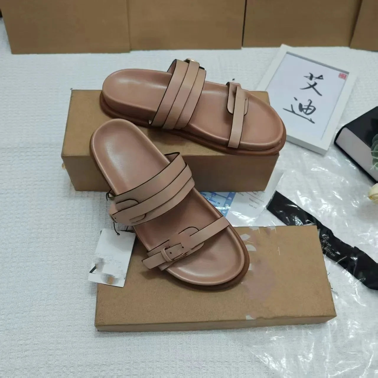 Sandalias planas de tacón grueso para mujer, sin cordones, de piel sintética, con suela de PVC, transpirables, con punta abierta, informales y cómodas.