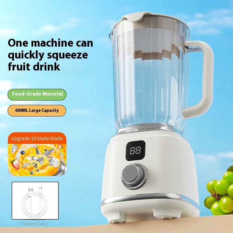 Mini exprimidor de frutas portátil con pantalla LED y carga USB para uso doméstico, ideal para preparar batidos y licuados, jugos recién exprimidos.