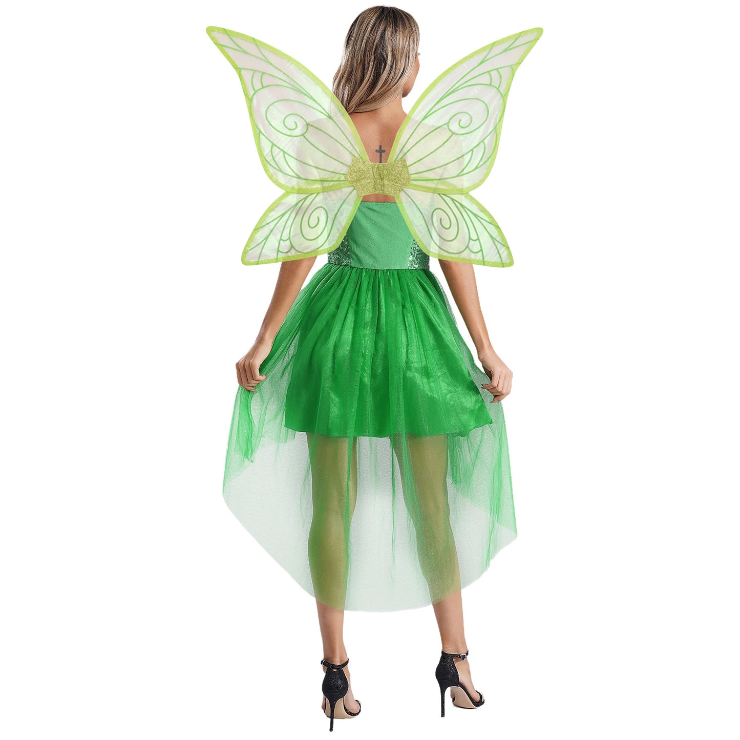 Womens Halloween Green Princess Dress Forest Tinker Costumes Bell Dress with Fairy Tale Wings for Carnival Roleplay Dress Up