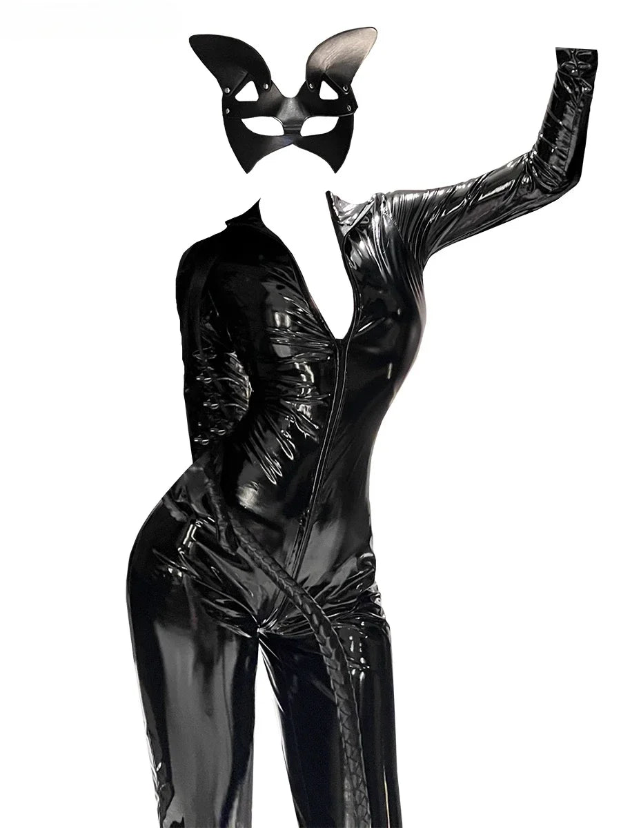 Halloween Catwoman Leather Jumpsuit Nightclub Queen Role Play Bunny Girl Uniform Adult Party Stage Performance Outfit Costume