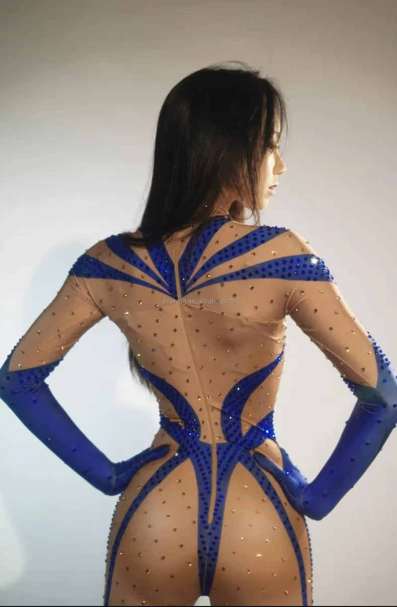 Female Sexy Stretch Long Sleeve Bodycon Bodysuit Exotic Pole Dancer Outfit Crystal Rompers Skinny Women Club Prom Party Jumpsuit