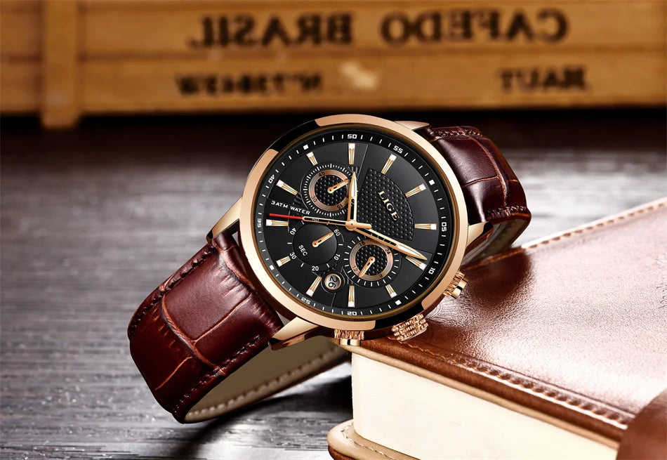 LIGE 2024 Reloj de lujo para hombre, reloj de cuarzo informal de negocios, reloj de pulsera de cuero a la moda para hombre, reloj impermeable para hombre