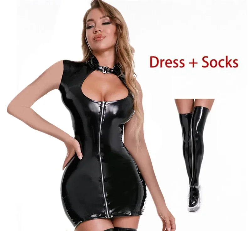 Women Sexy PVC Leather Dress with Stockings Gloves Shiny Latex Bag Hip Skirt Breast Exposing Porno Mini Dress