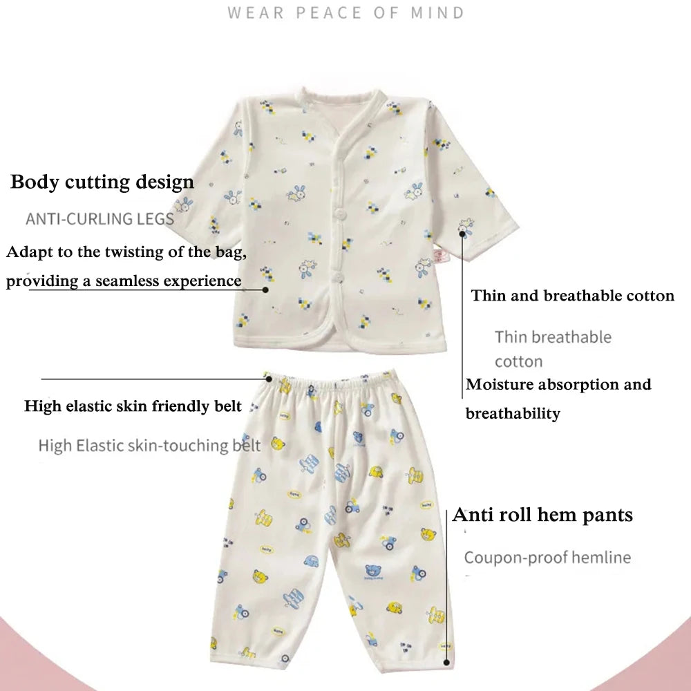Ropa interior para bebé de 0 a 3 meses, con dibujos animados, para el hogar, de algodón, con botones, para niñas y niños, camiseta de manga larga y pantalones largos.