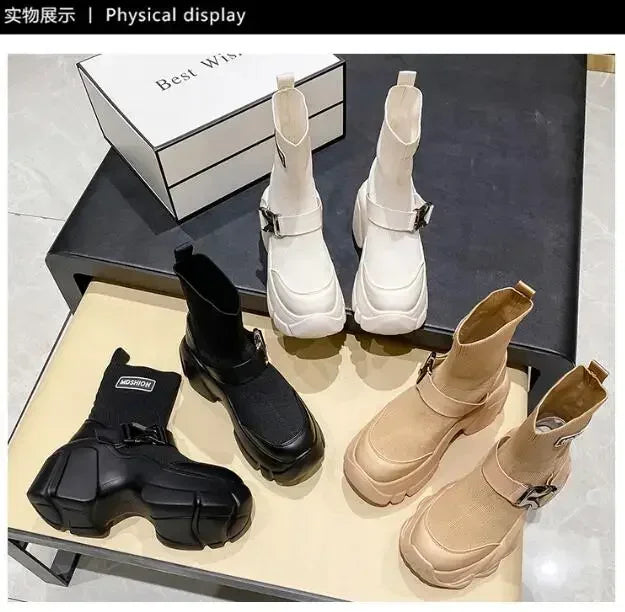 Botines de plataforma alta de 8 cm para mujer, botas cortas con suela gruesa y suela gruesa, antideslizantes, para motocicleta, para otoño