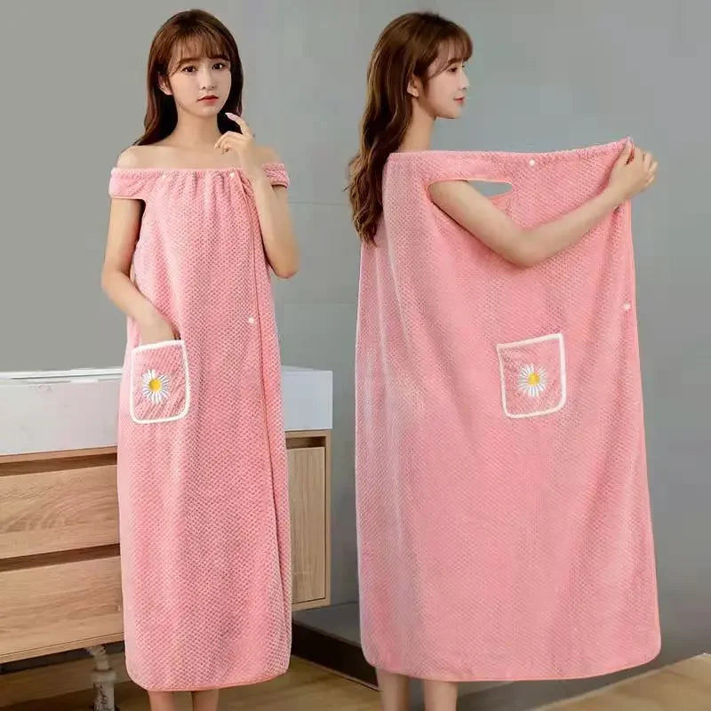 Toalla de baño para el hogar, para mujeres, usable, para adultos, absorbe el agua, algodón puro, para cabello seco, falda larga, estilo baño, bata de baño lavable