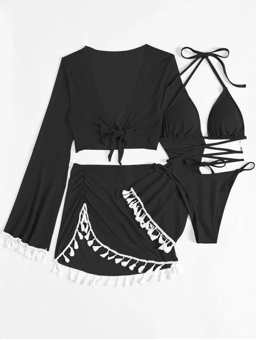 4 Piece Swimming Suit Women Beach Wear Solid Tassel Cover Up Mesh Mini Skirt Bikinis Set Cute Swimming Pool Outfit Summer