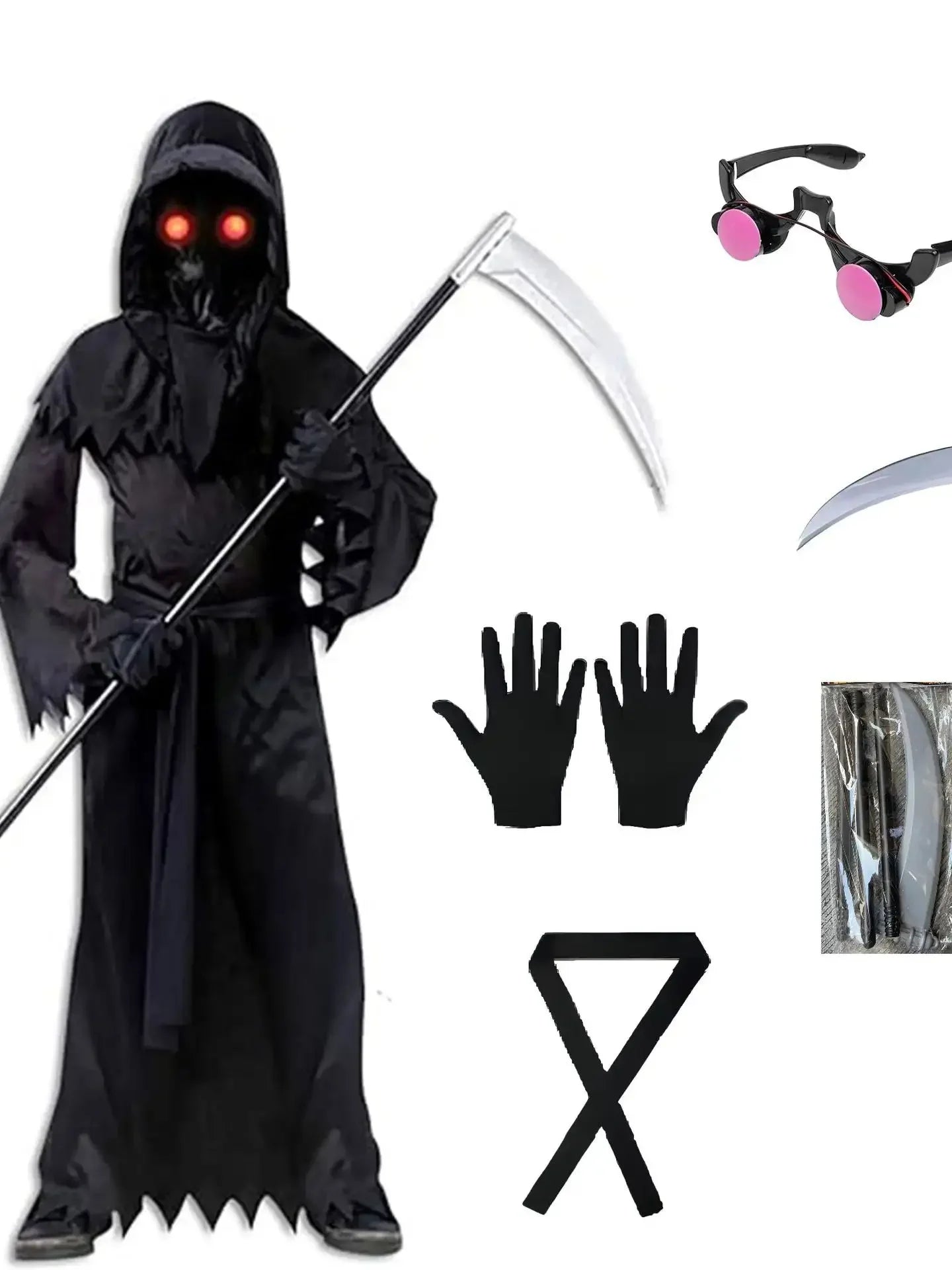 Child Horror Red Eye Grim Reaper Costume Scythe Devil Darkseid Ghost Cosplay Suit Halloween Hooded Party Dress Gloves