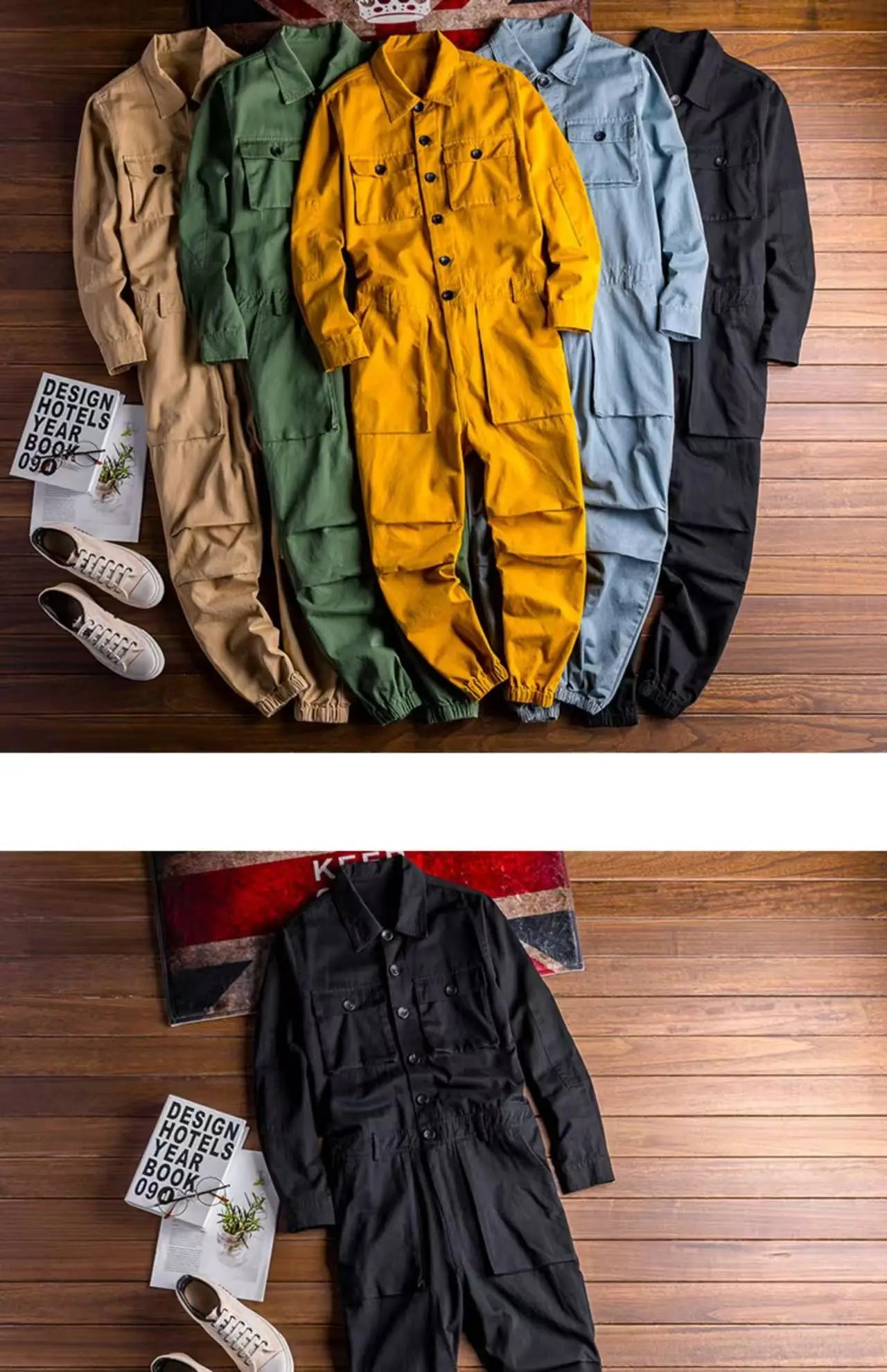 Spring Overalls Men's Jumpsuit Loose Long Sleeve Cotton Cargo Pants Black Yellow Workwear Trousers Working Uniform Rompers