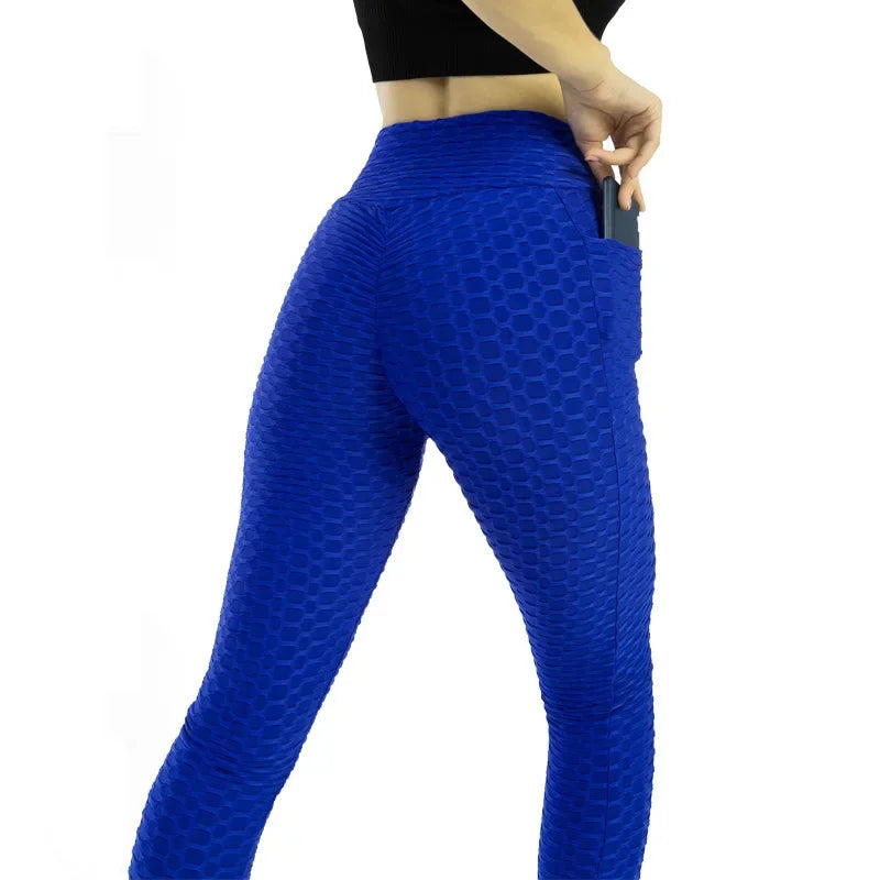 Leggings de cintura alta con efecto push-up de Amazon Europa, material de nylon, estampado jacquard, pantalones deportivos con bolsillo para mujer.