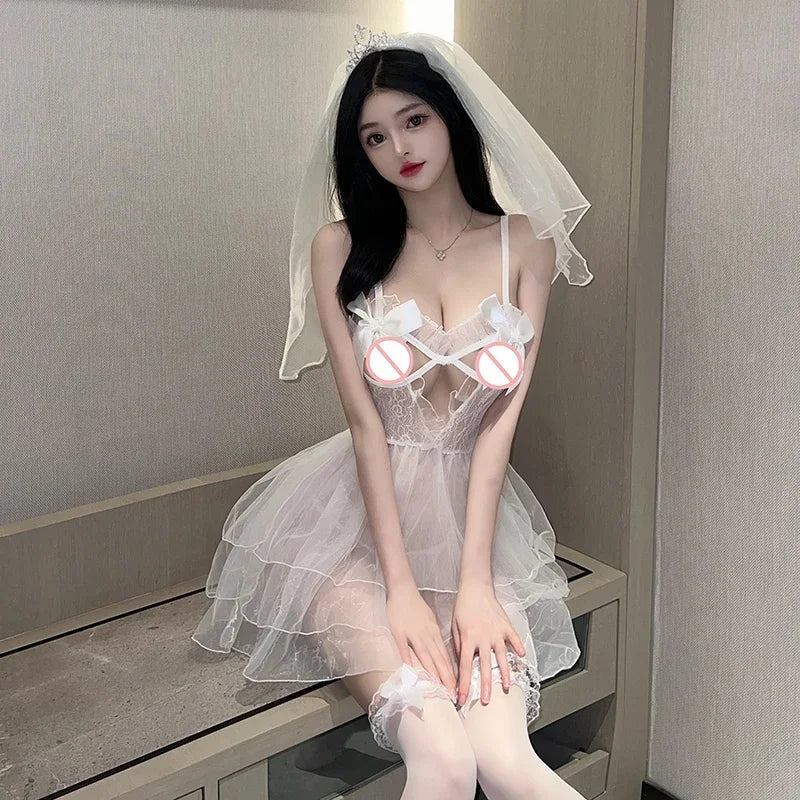 Sexy Bridal Lingerie Set See Through Mesh Babydoll Dress with Veil White Wedding Club Nightwear Cosplay Costume for Women Girls