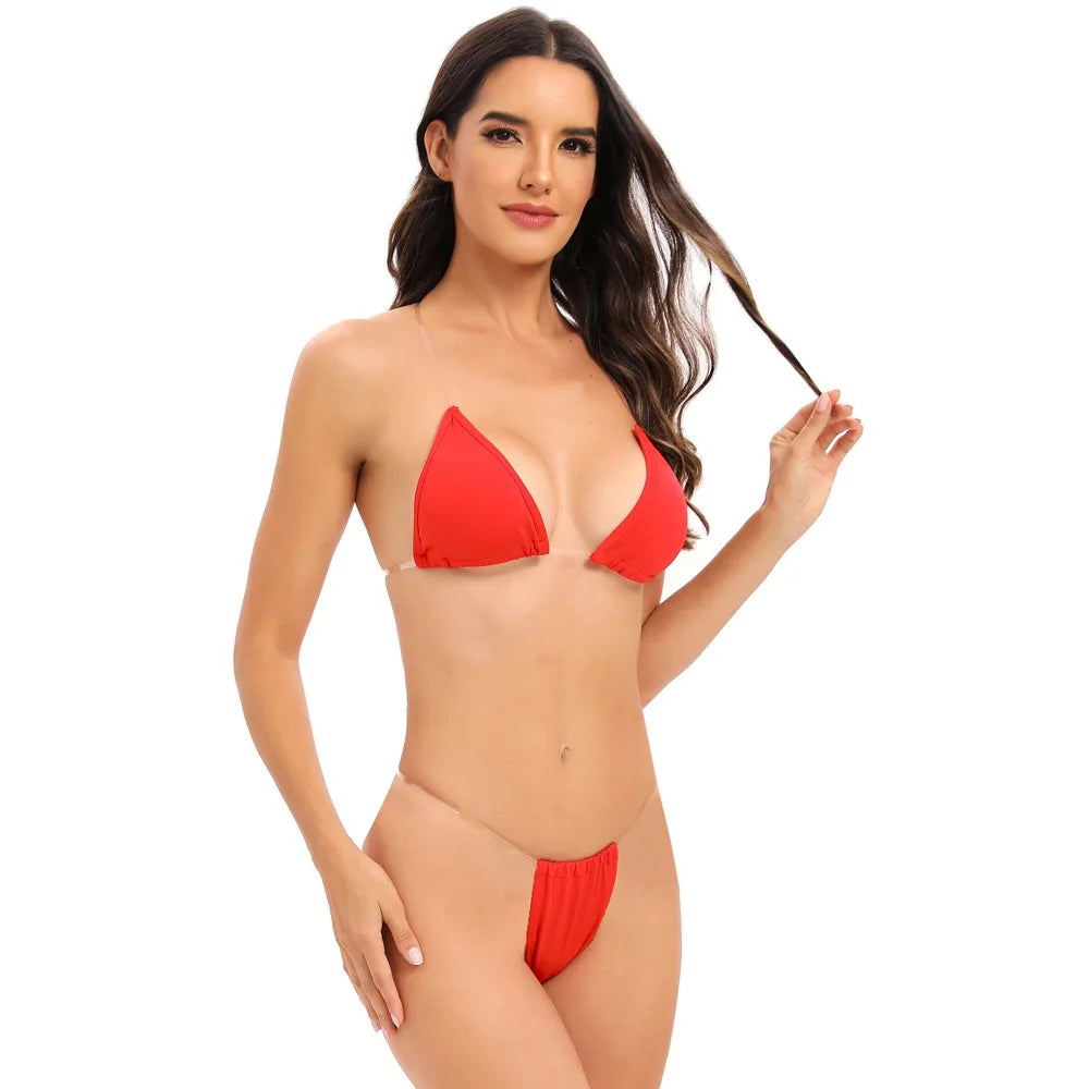 Traje de baño para mujer, bikini sexy transparente con tirantes triangulares, tanga de dos piezas, color sólido, ropa de playa, traje de baño para spa