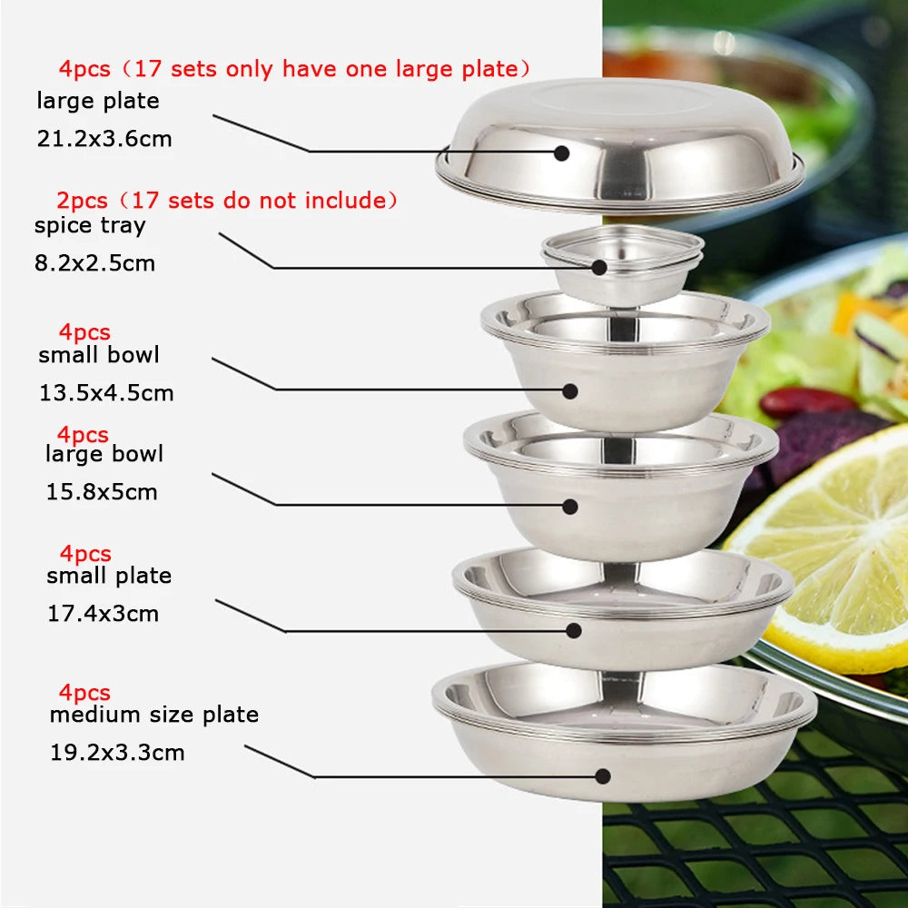 Juego de 17/22 piezas de vajilla de acero inoxidable para acampar, resistente, para picnic al aire libre, ensalada, contenedor de comida, picnic, viaje