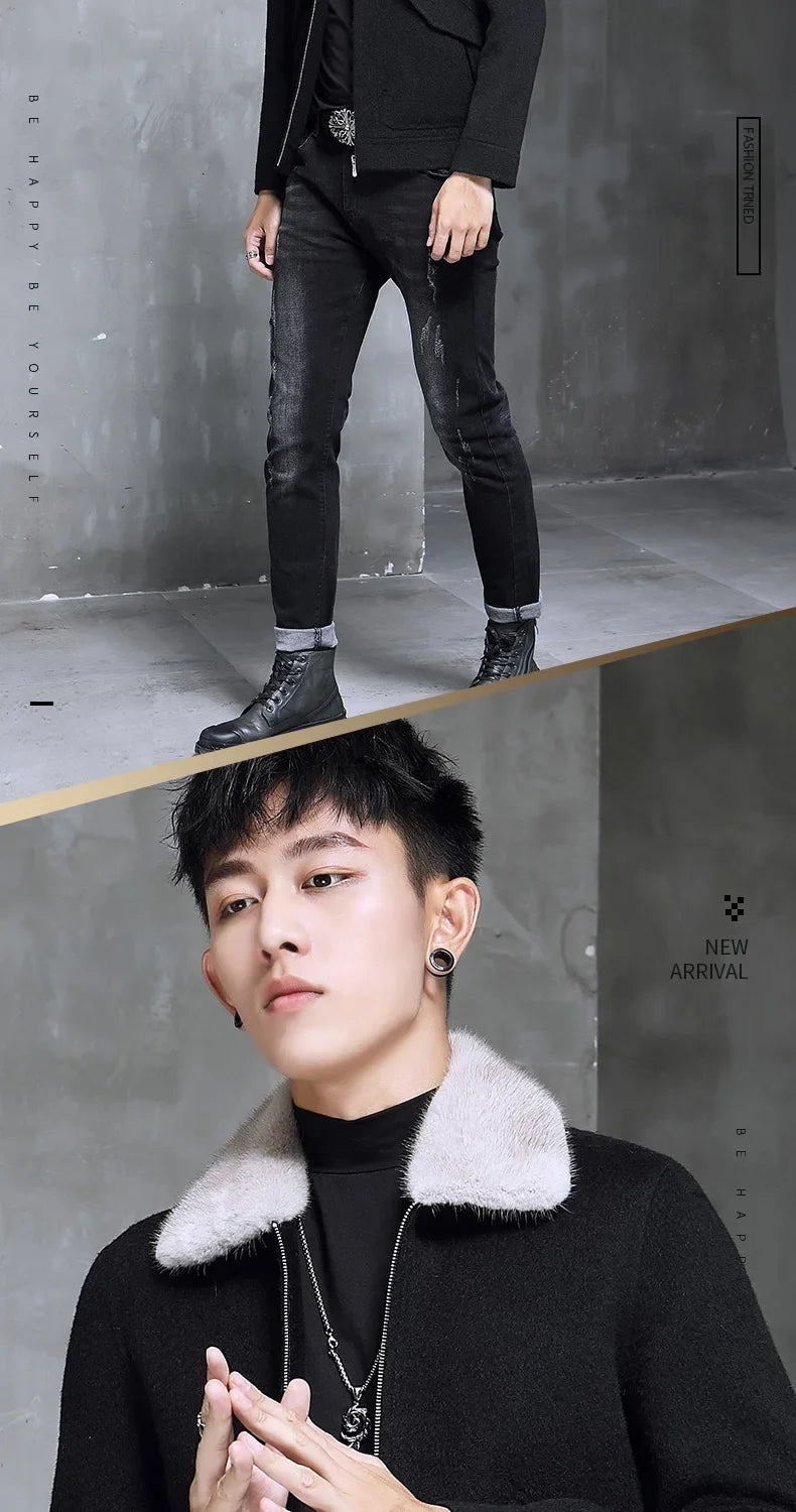 AYUNSUE Spring Autumn Wool Coat Men Double-sided Alpaca Jacket Mink Fur Collar Mens Coats and Jackets Overcoat 1970B KJ3859