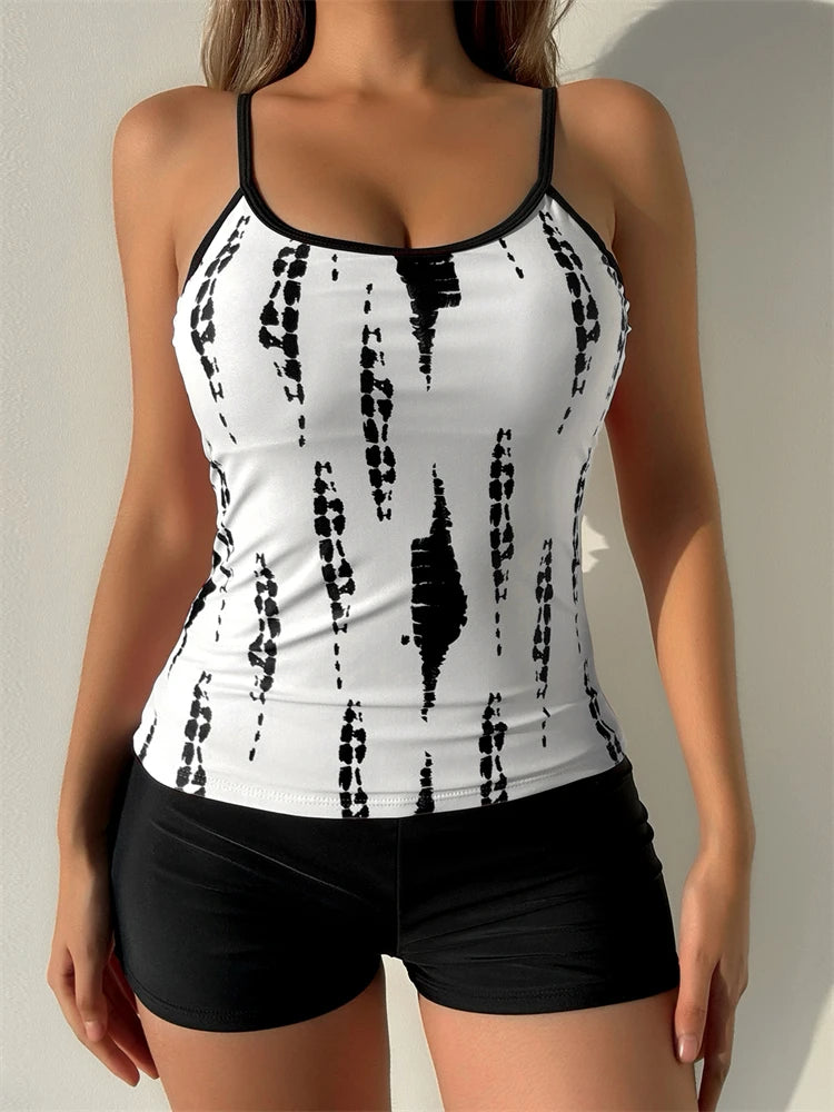 Traje de baño de dos piezas para mujer 2025, nuevo traje de baño liso con estampado de tirantes, tankini de verano, pantalones cortos tipo bóxer de cintura alta, traje de baño de playa para mujer