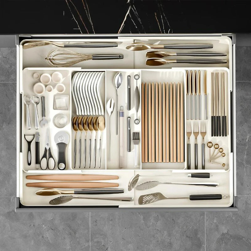Organizador de plástico ajustable y versátil, ligero y de gran capacidad para escritorio, cajón, cafetería, cocina, oficina, etc.