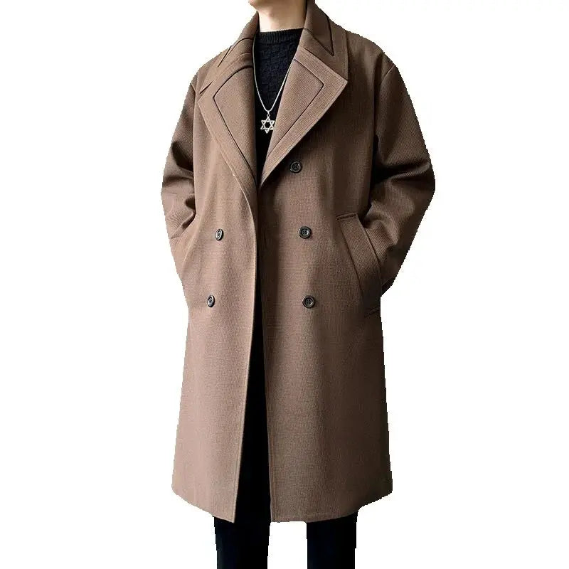 Trench Men Long Woolen Coats Autumn Winter Fashion Turn Down Collar Casual Outwear Male Double Breasted Loose Solid Chic Coat