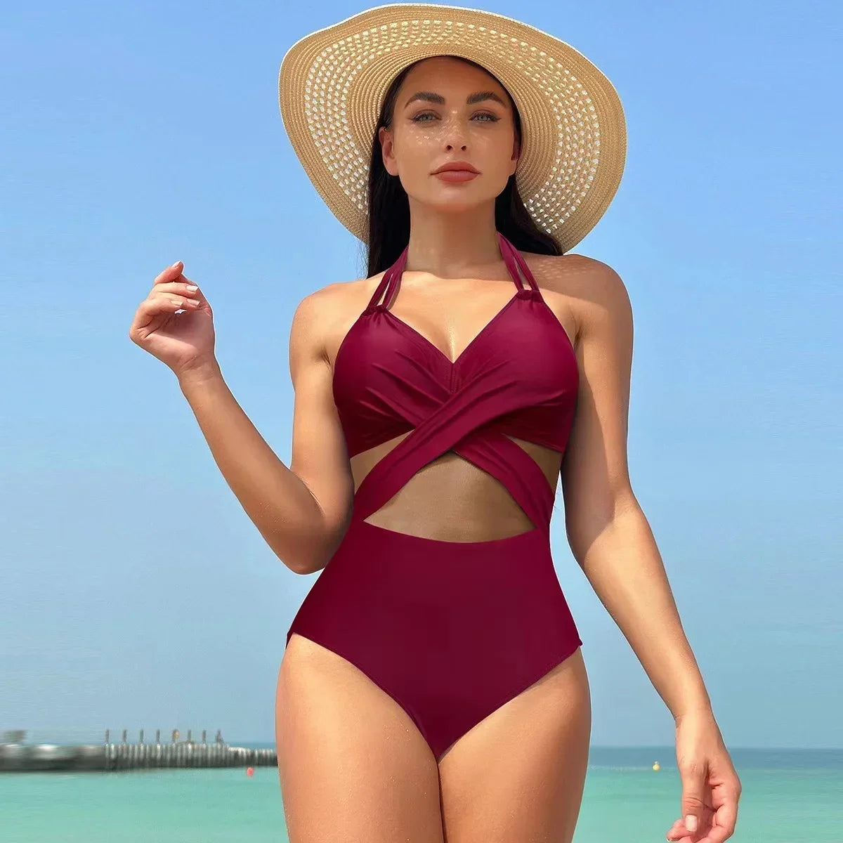 2024 Women One Pieces Solid Swimsuits Sexy Swimwear Bathing Suits Rib Mesh V-neck Swimsuit Bathing Suit Beach Pool Bather