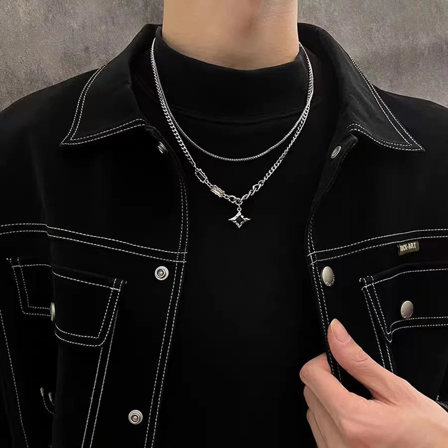 Collar de doble capa con estrella de circón estilo hip hop para hombres y mujeres, cadena colgante de acero de titanio con dije de tendencia, joyería unisex al por mayor