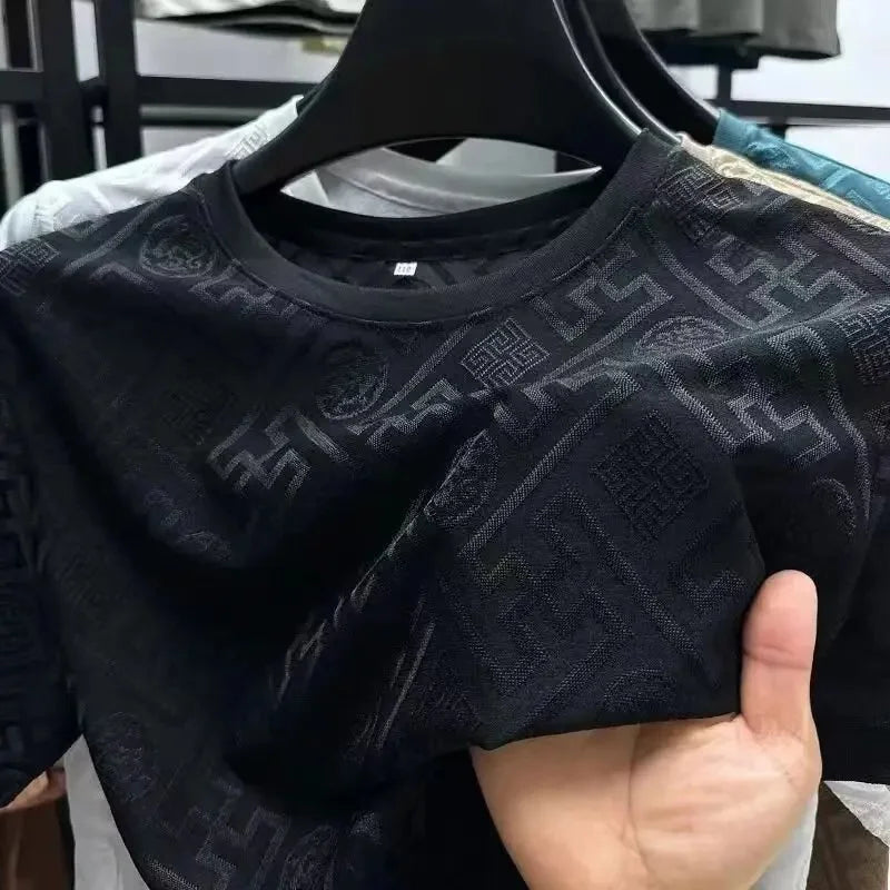 Camiseta de manga corta de seda de hielo para hombre, económica, informal, de cuello redondo, transpirable, de verano, a la moda, de media manga y cuello redondo.