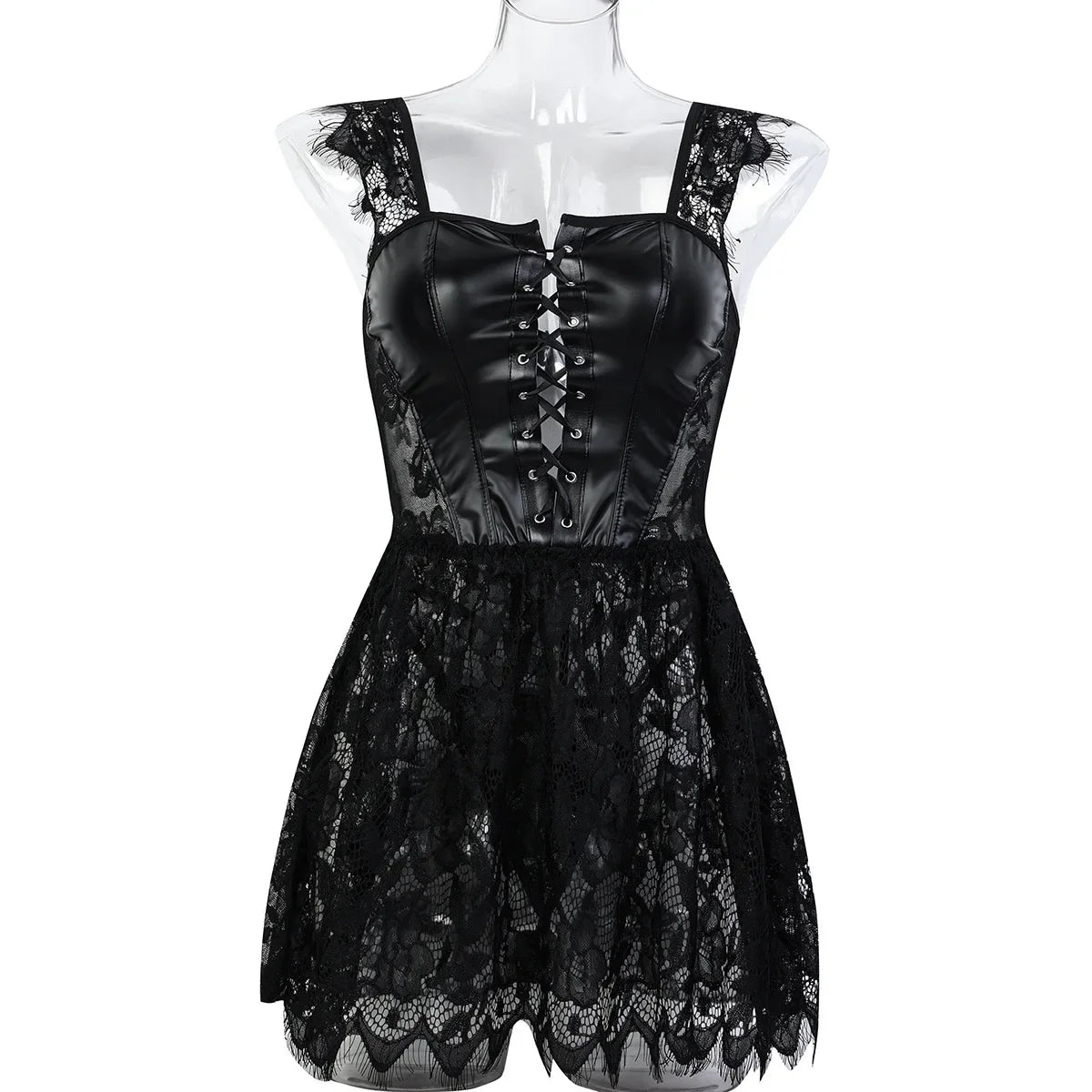 Conjunto exótico de PU sexy para mujer, vestido de encaje transparente, lencería elegante con abertura, body exótico para fiesta y club.