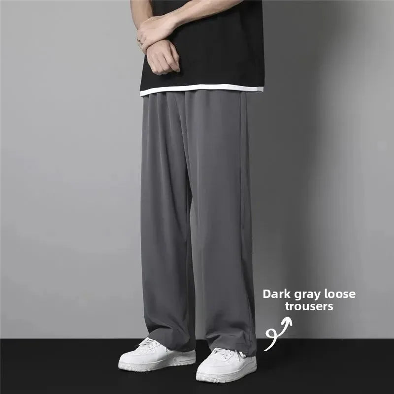 Pantalones de verano de seda de hielo para hombre, finos, holgados, de pierna recta, deportivos, de secado rápido, informales, de pierna ancha y largos, para estudiantes