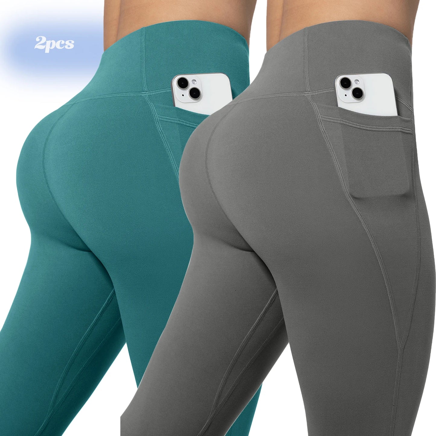 Leggings de yoga para mujer, 2 unidades, con bolsillos, color liso, para gimnasio, actividades al aire libre, cintura alta, ajustados, pantalones deportivos para correr.