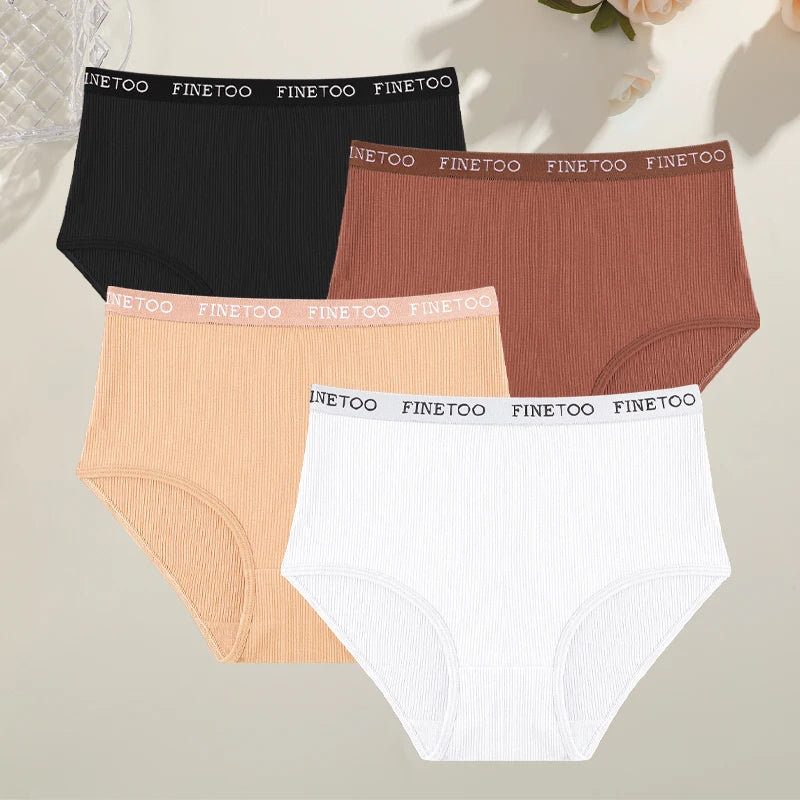 Conjunto de 4 bragas de algodón acanaladas a rayas para mujer, tallas grandes, cintura alta, transpirables, lencería lisa, pantalones cortos S-XXL