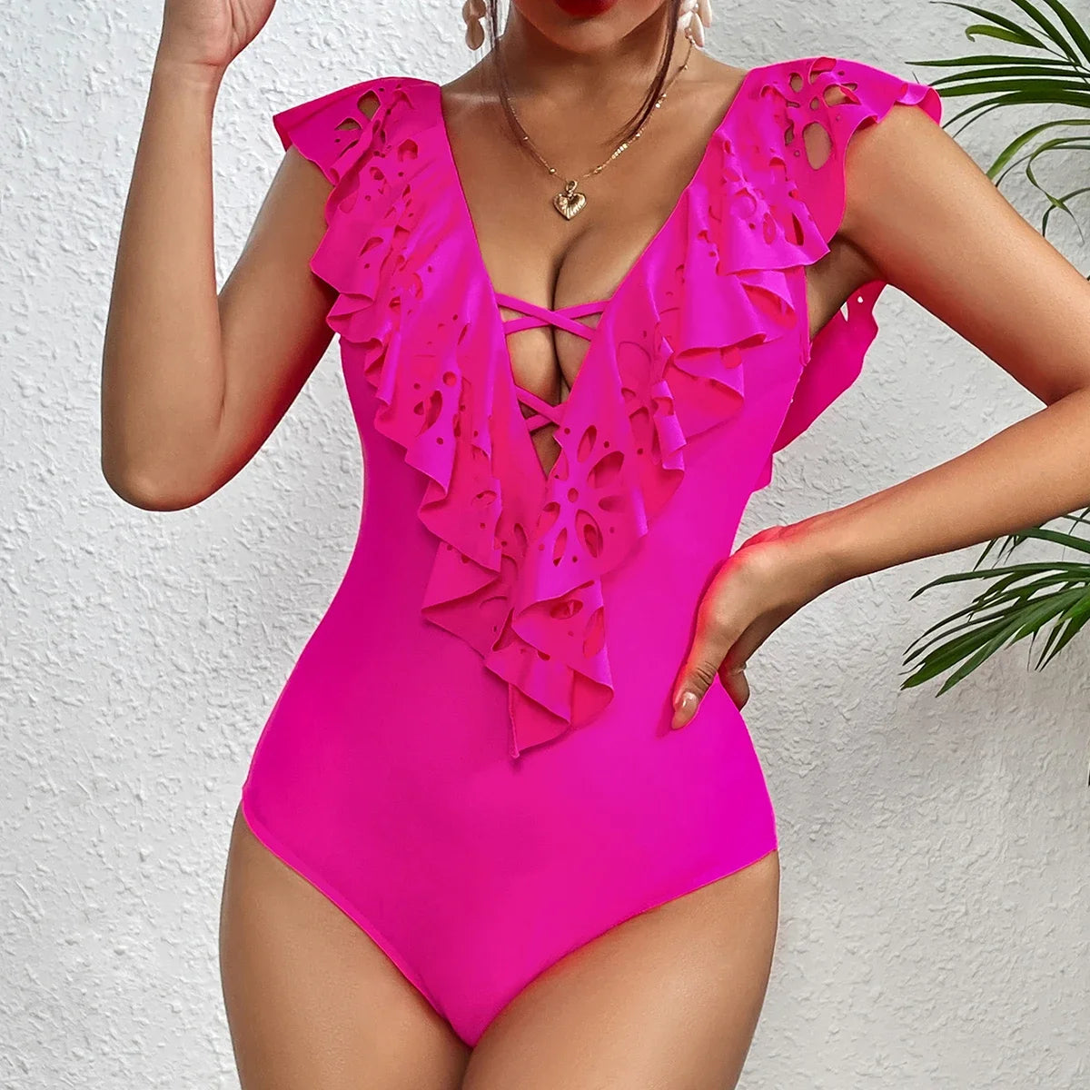 Traje de baño de una pieza 2025, bañador sexy de realce para mujer, monokini con volantes y hombros ajustables, traje de baño, ropa de baño