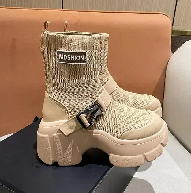 Botines de plataforma alta de 8 cm para mujer, botas cortas con suela gruesa y suela gruesa, antideslizantes, para motocicleta, para otoño