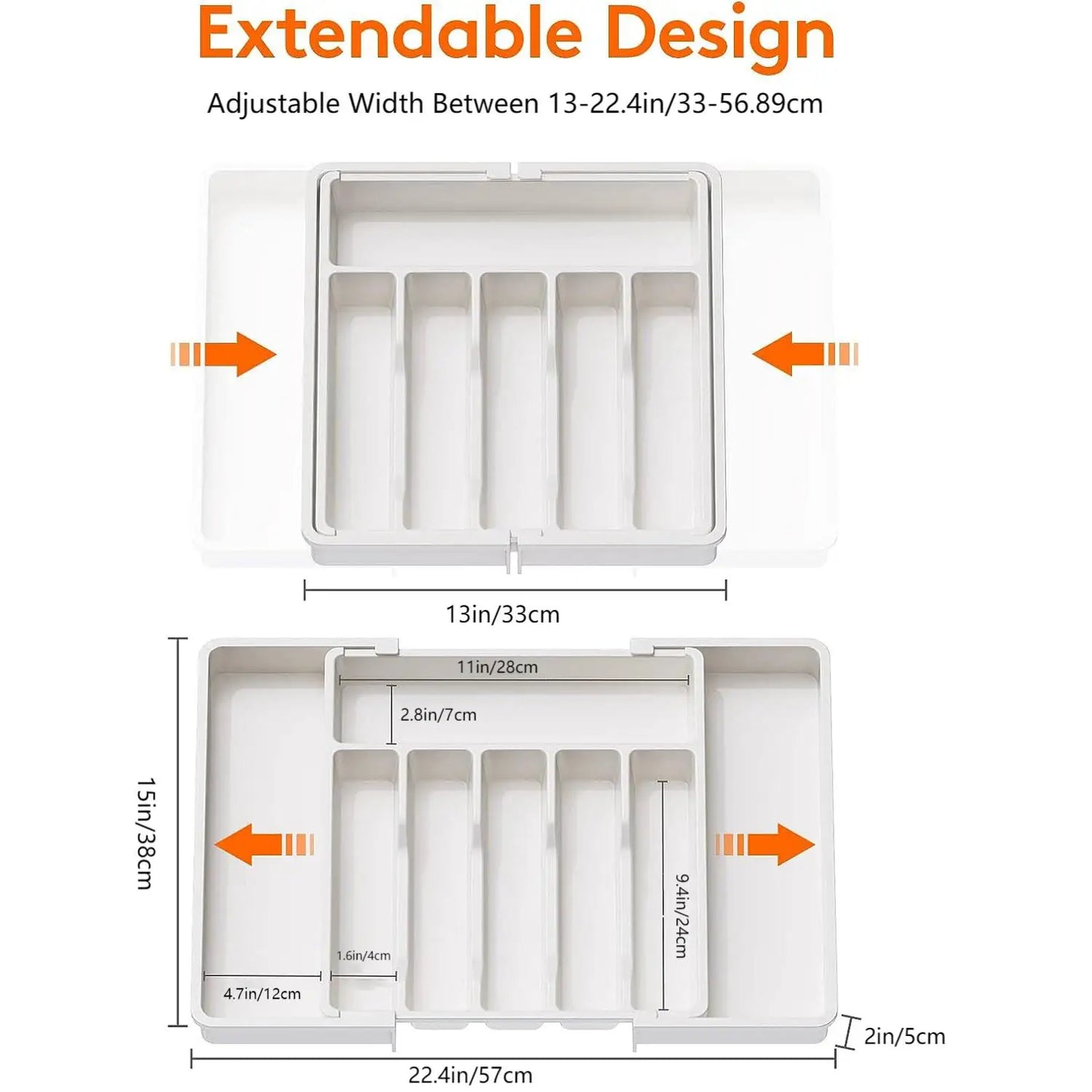 Organizador de cubiertos ajustable con divisores, bandeja de plástico para cucharas, tenedores y cuchillos.