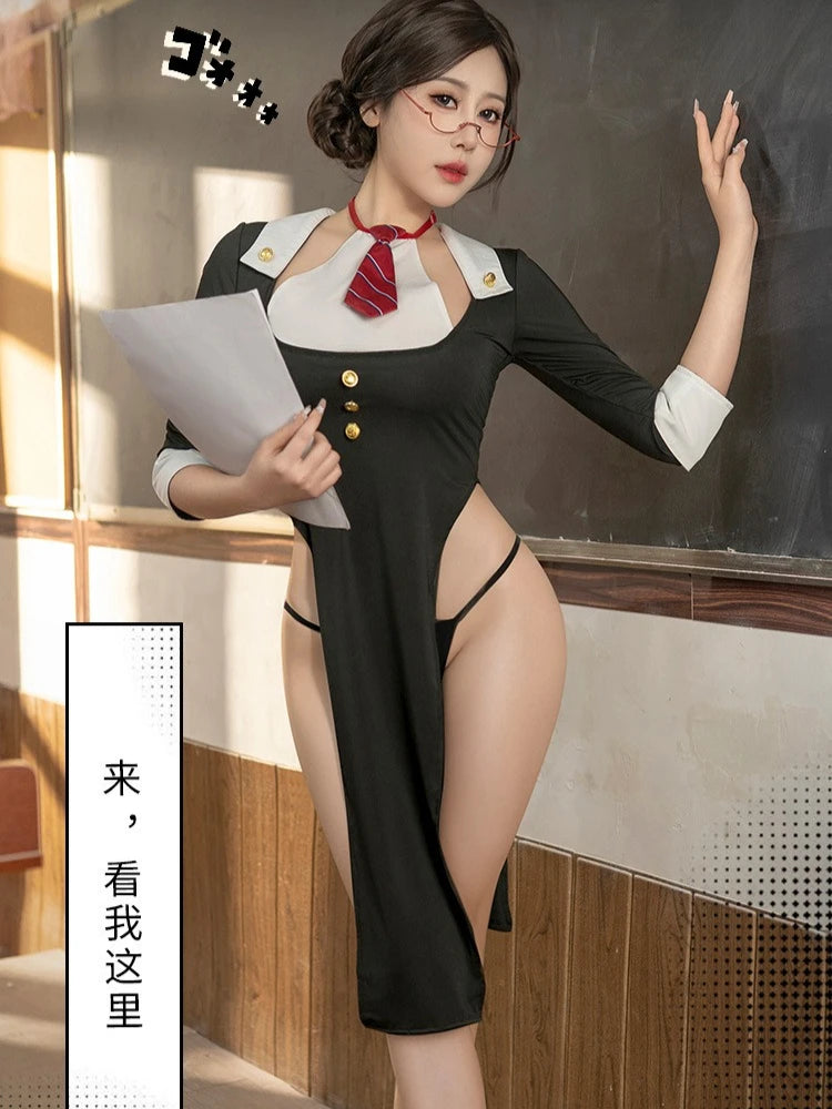 Porno Role Playing Teacher Uniform Temptation Halter Dress Sexy Lingerie Temptation High Waist Side Slit Cosplay Costumes 2025