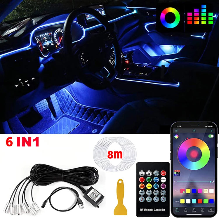 Tira de luces LED para ambiente interior de coche, RGB, fibra óptica, iluminación de neón con control remoto por aplicación, lámparas decorativas para coche