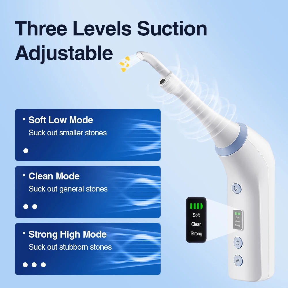 Herramienta eléctrica visible para eliminar cálculos amigdalinos. Kit visible para eliminar cálculos amigdalinos con 3 modos de succión. Cuidado bucal.