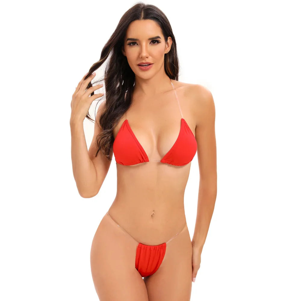 Traje de baño para mujer, bikini sexy transparente con tirantes triangulares, tanga de dos piezas, color sólido, ropa de playa, traje de baño para spa