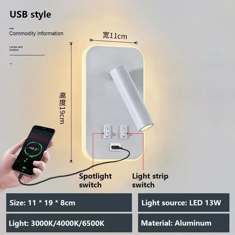 Lámpara de pared LED, luz de lectura, dormitorio, teléfono, carga inalámbrica, carga USB, luces de pared giratorias, lámpara de lado para sala de estar