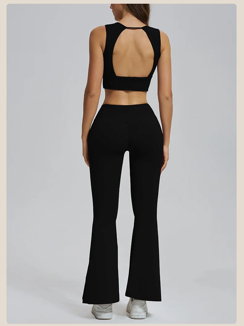 Conjuntos de yoga para mujer, sujetador deportivo con espalda hueca y amortiguación, leggings de cintura alta y acampanados, ropa de gimnasio, ropa para correr y entrenar.