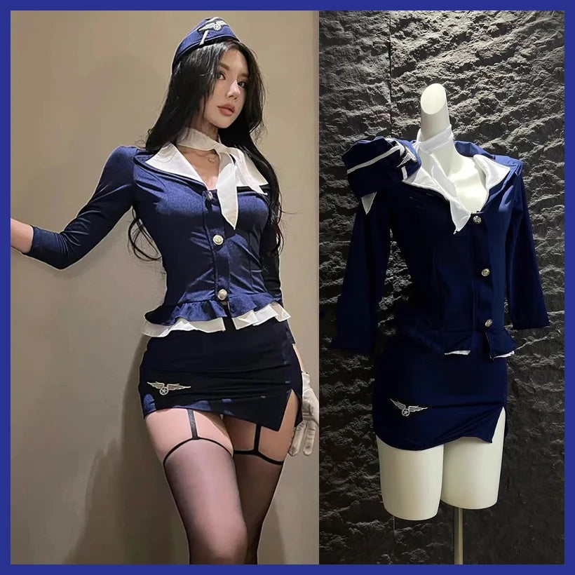 2025NEW Airline Stewardess Cosplay For Woman Sexy Air Hostess Uniform Halloween Costumes Fancy Role Play Party