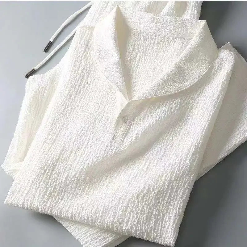 Conjunto de polo informal para hombre, moda de verano, manga corta plisada, cuello vuelto, traje de dos piezas, ropa ligera para hombre