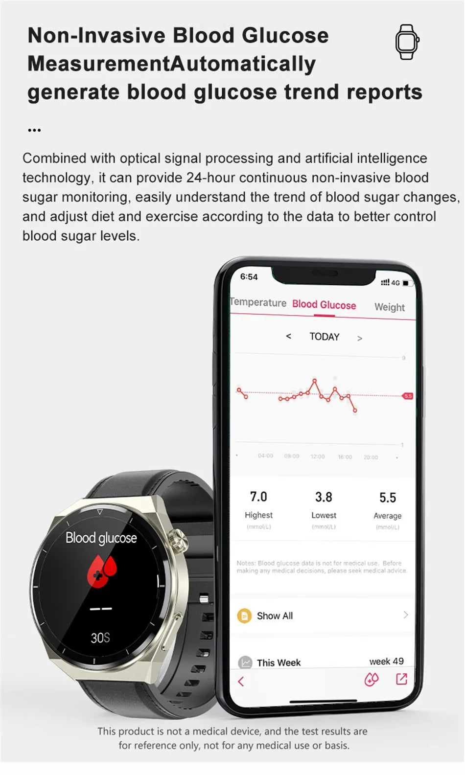 Reloj inteligente con tratamiento láser para hombres, dispositivo con ECG, PPG, frecuencia cardíaca, azúcar en sangre, monitor de salud, para Android e iOS, 2024